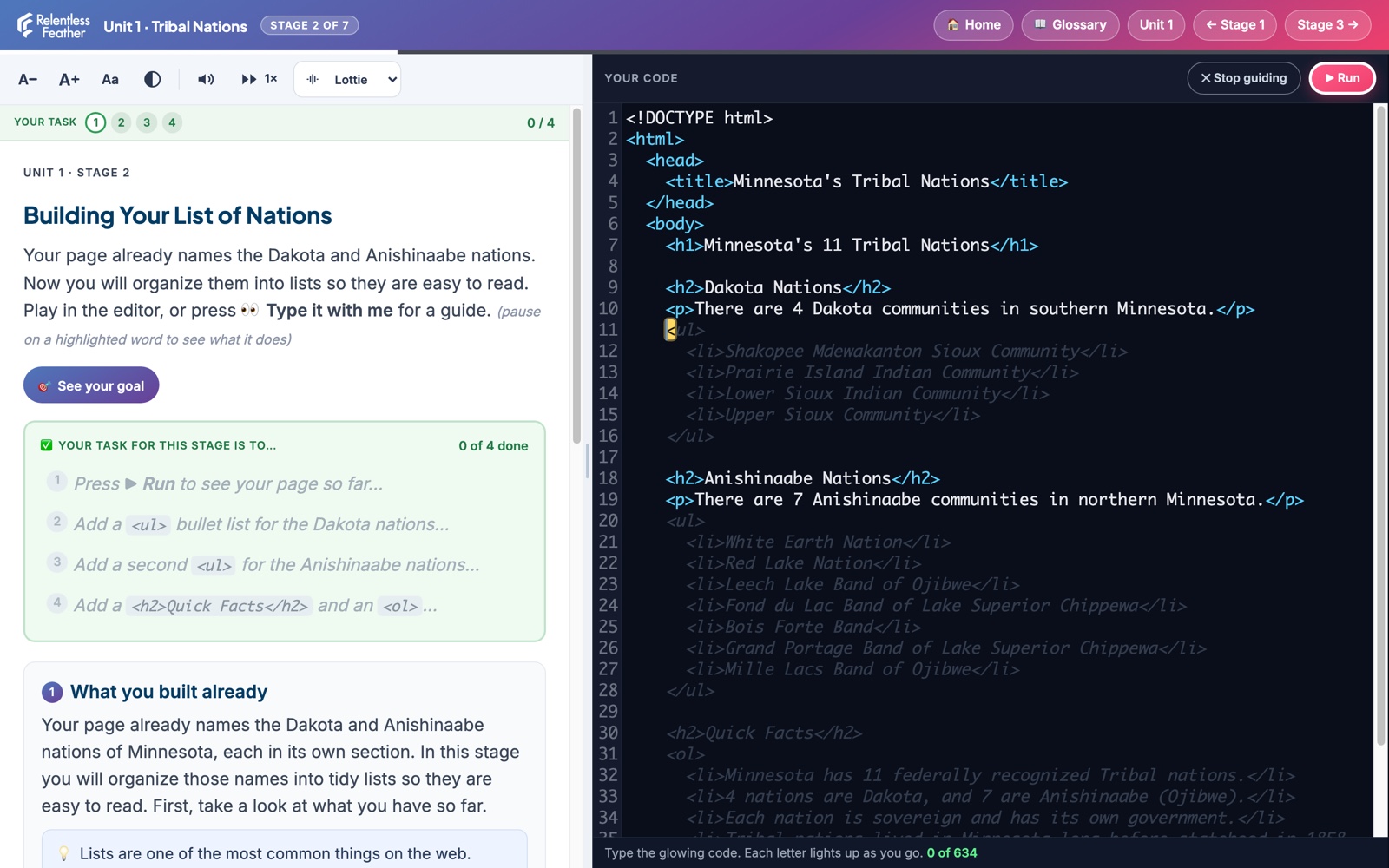 Type it with me: the editor guides the student letter by letter, glowing the next character to type