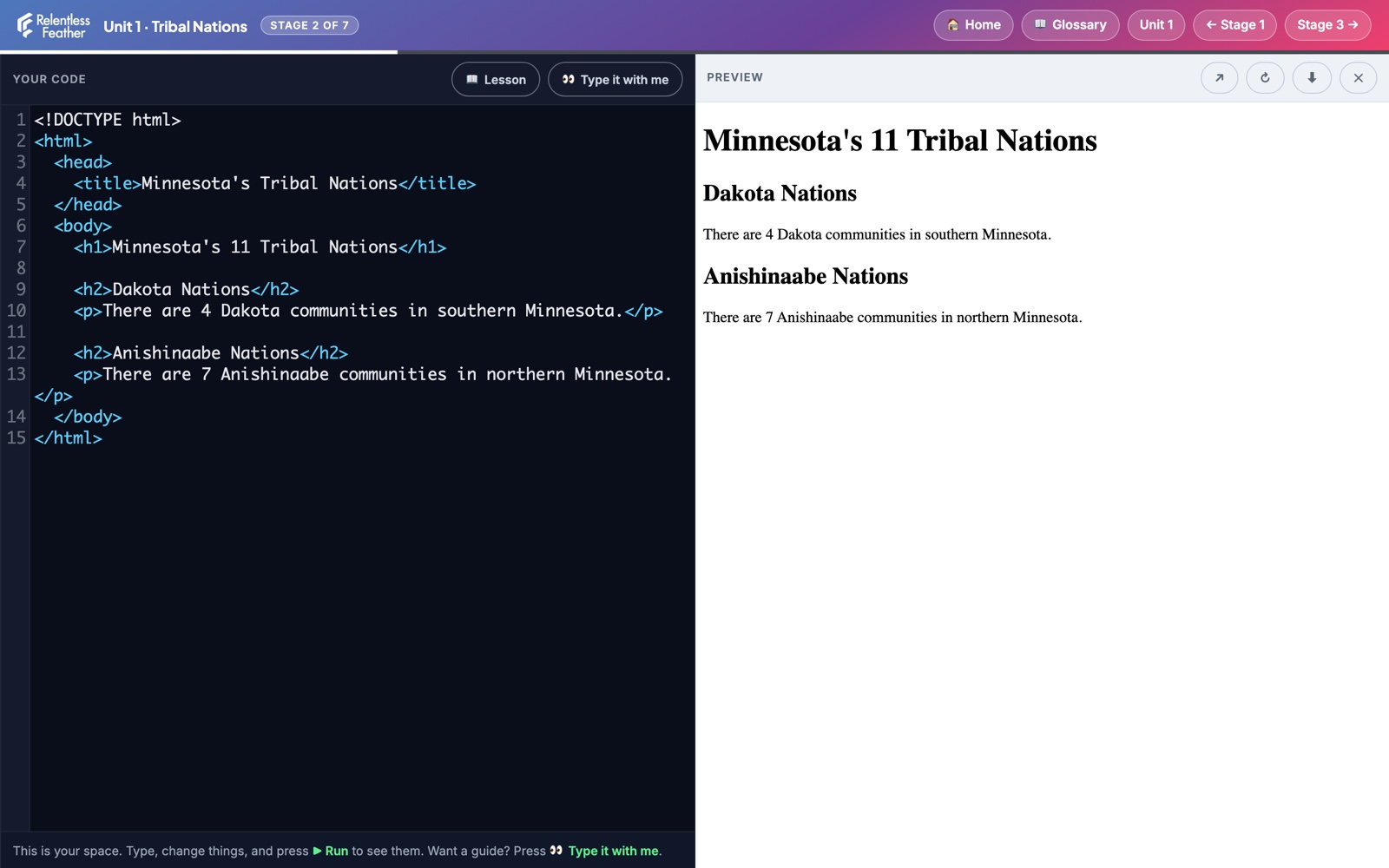 Press Run and the student's web page appears live in the preview beside their code