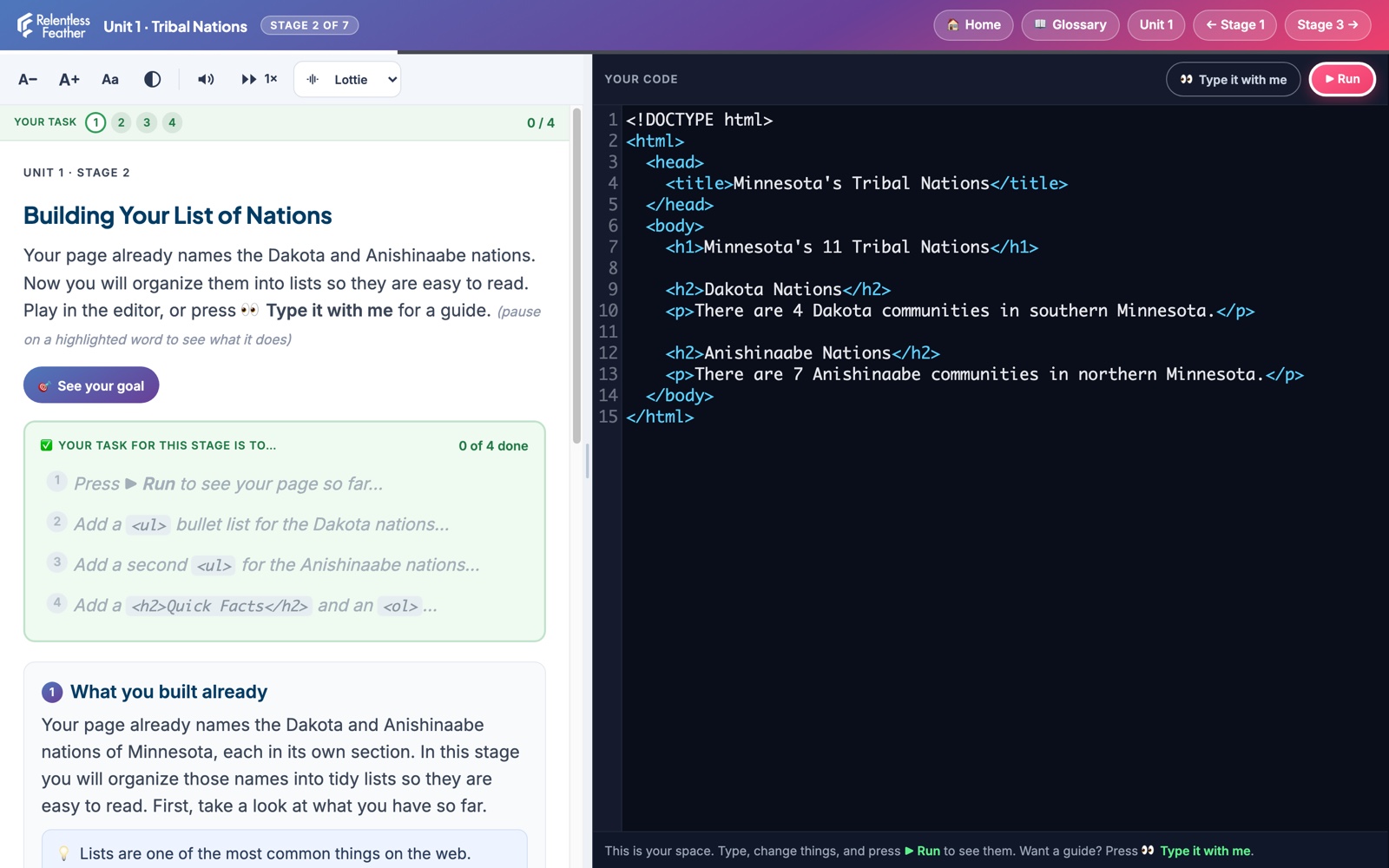The real student workspace: the lesson and task checklist on the left, the code editor on the right, with the accessibility toolbar across the top
