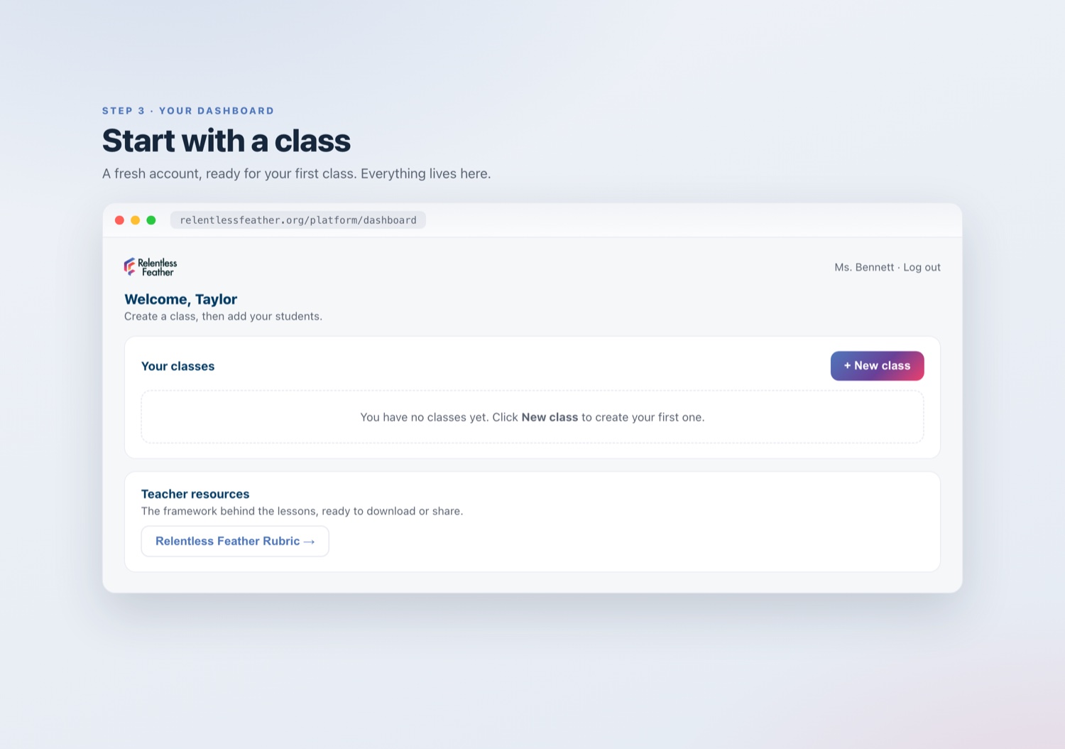 A fresh teacher dashboard with a New class button