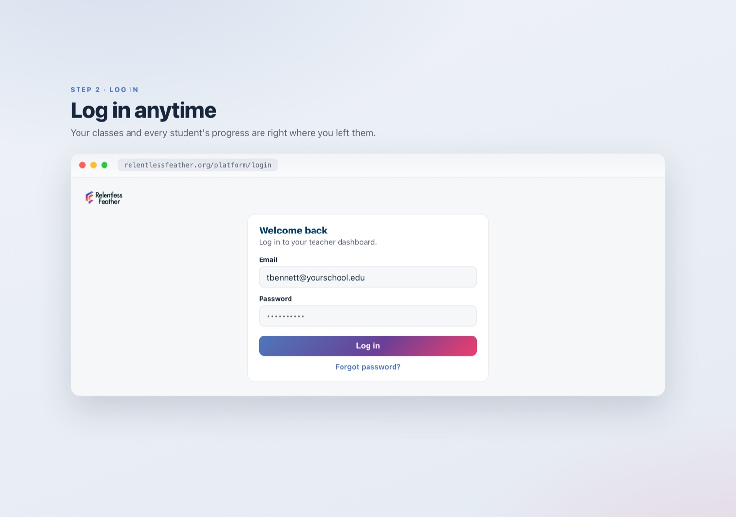 Teacher log-in screen