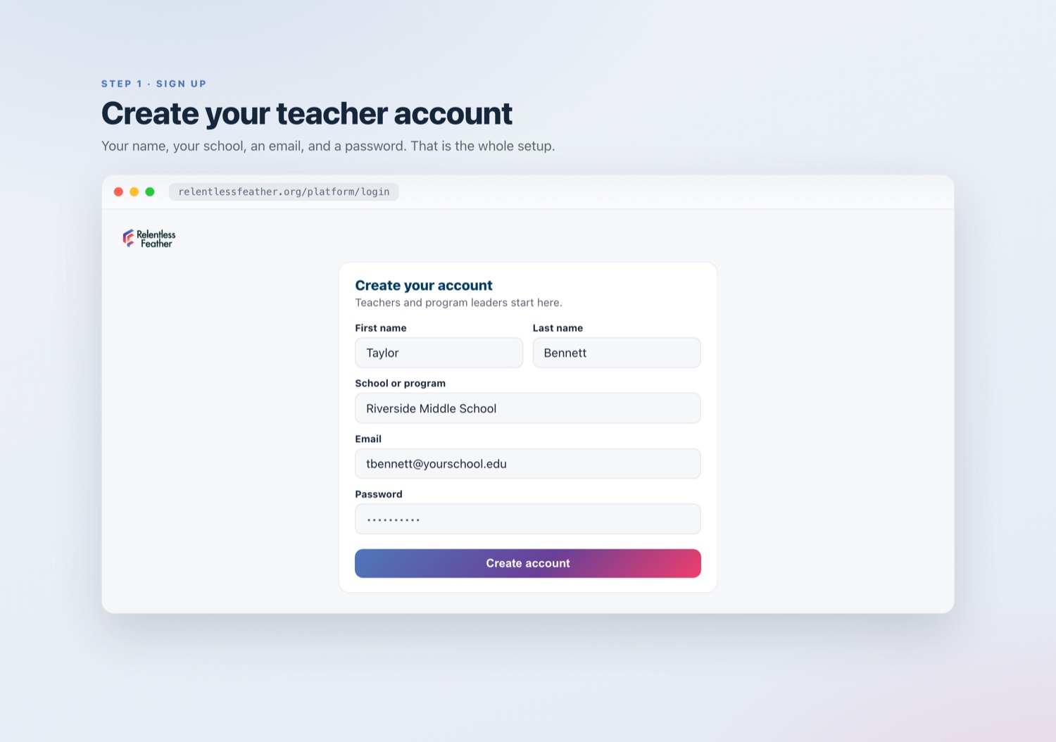 Relentless Feather teacher sign-up screen