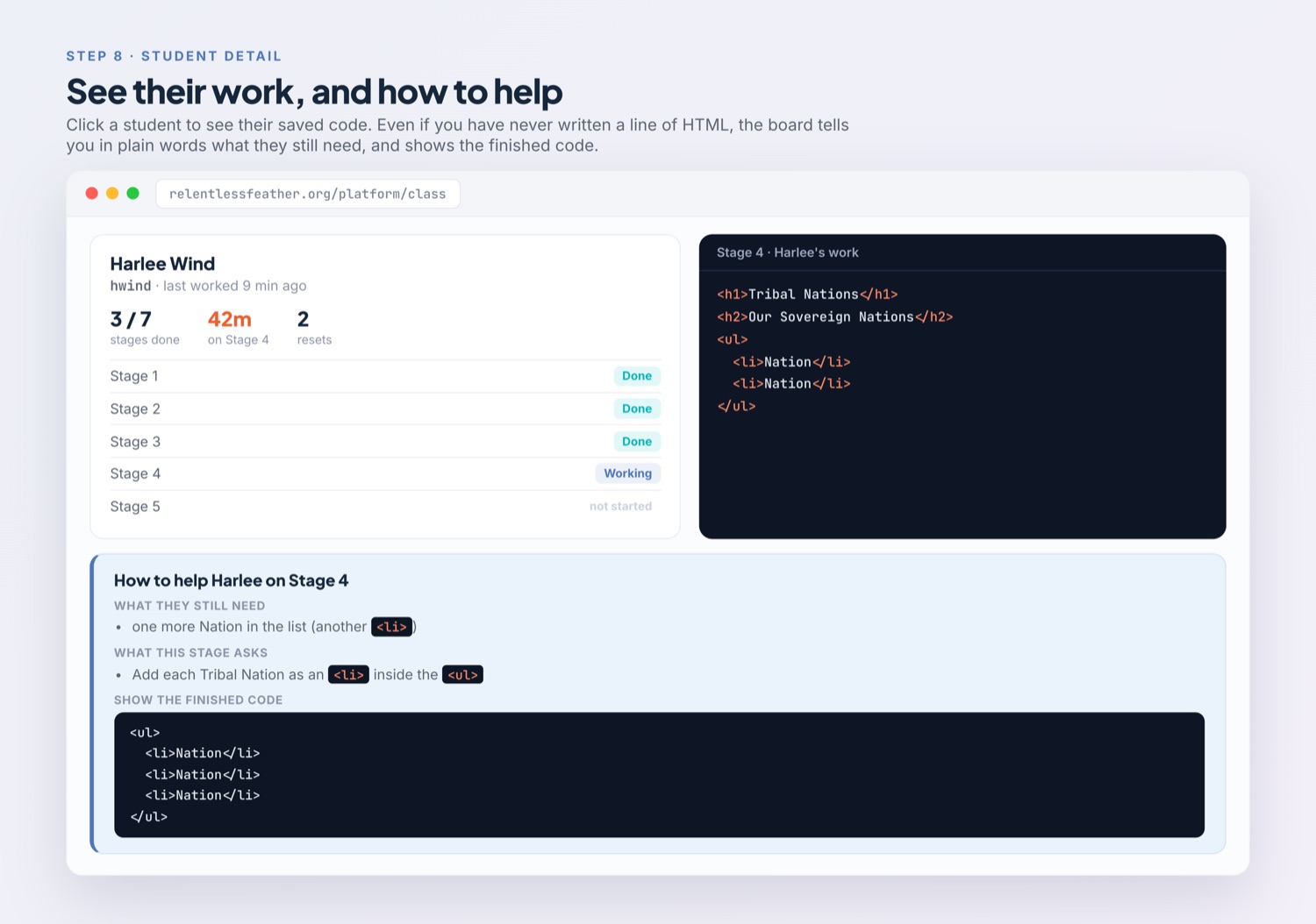A single student detail view with their progress